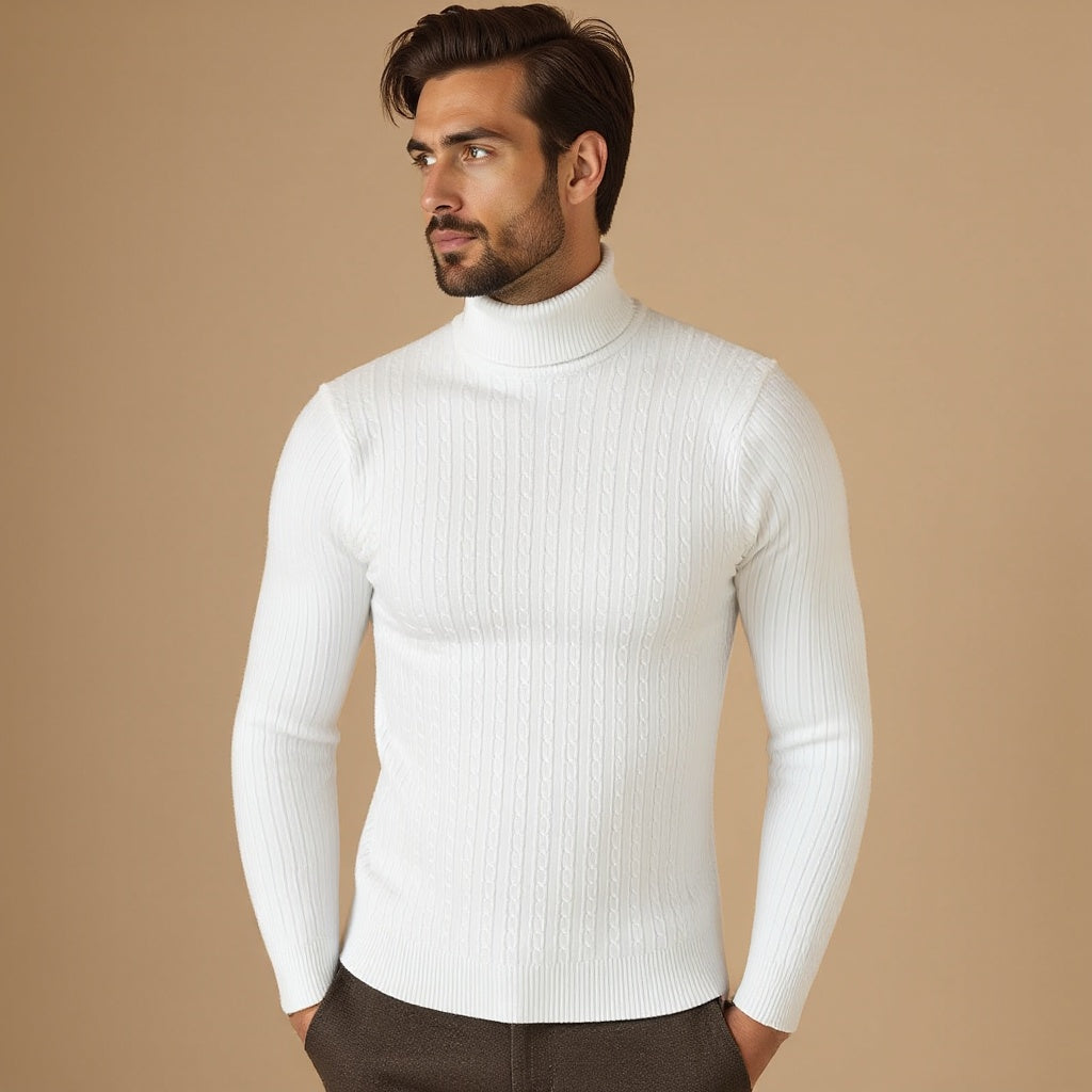 Men’s Cable Knit Turtleneck Jumper – Warm Roll Neck Knit