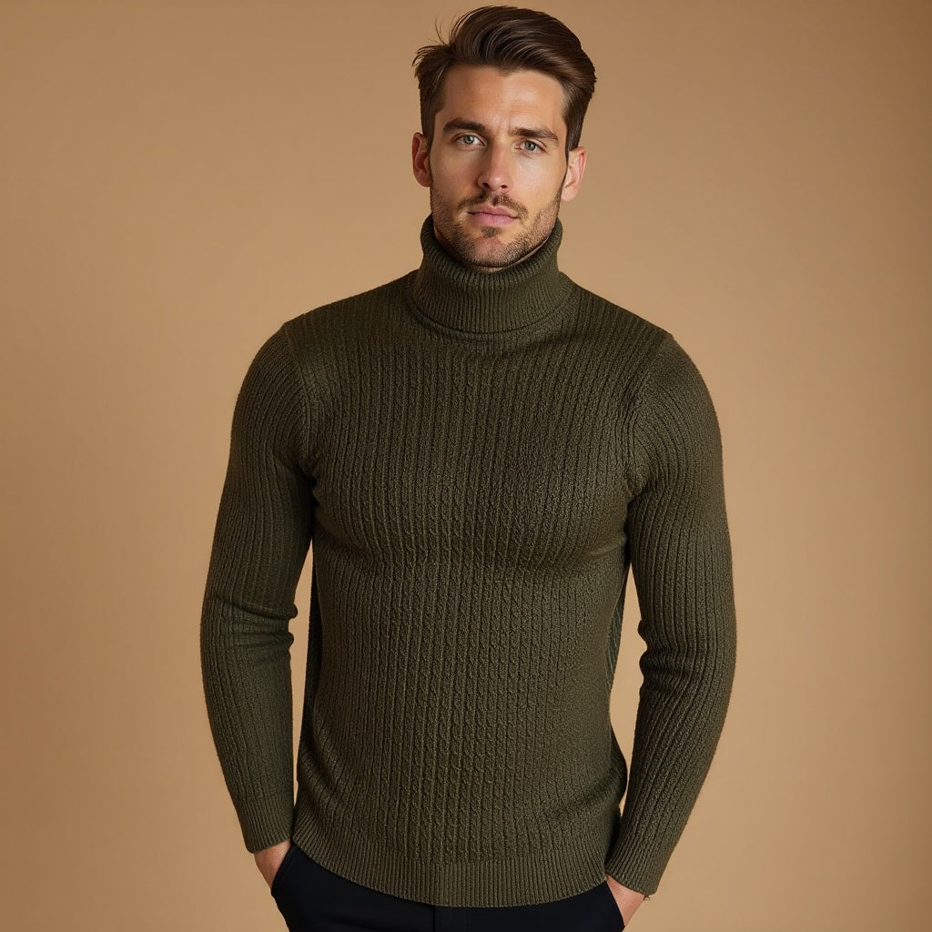 Men’s Cable Knit Turtleneck Jumper – Warm Roll Neck Knit