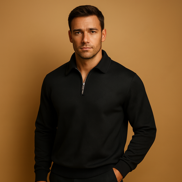 Men’s Quarter-Zip Polo Sweater with Geometric Pattern