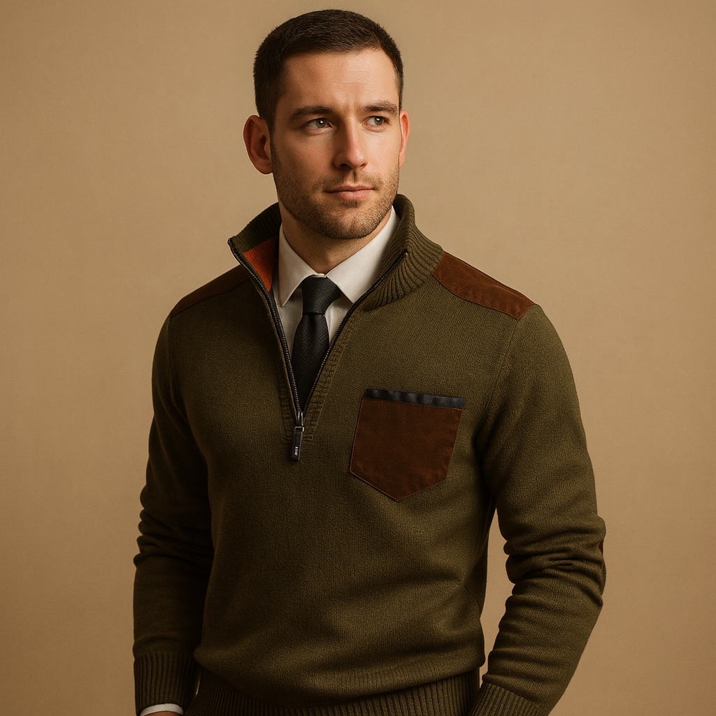 Men’s Half Zip Sweater with Collar and Chest Pocket – Warm and Versatile
