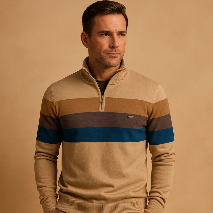 Men’s Half Zip Sweater | Striped Knit with Modern Collar Design